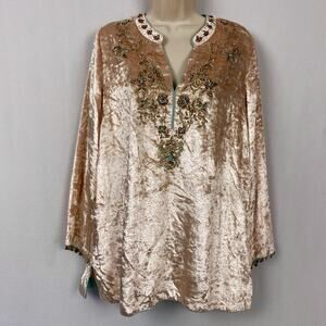 Soft Surroundings Crushed Velvet Tunic Top Medium Pink Beaded Embroidered Boho